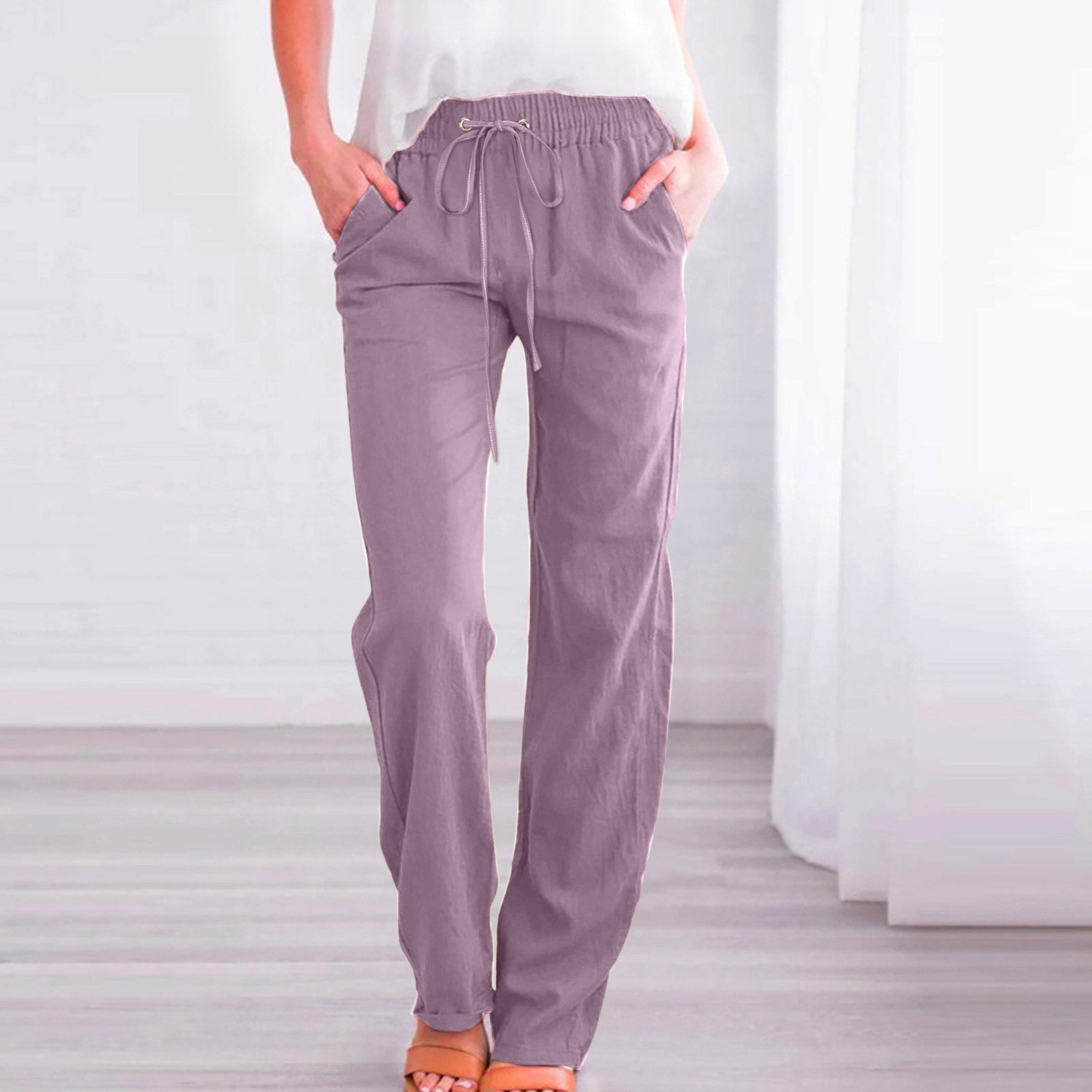 thumbnail image 2 of Pantalones de mujer de cintura alta y pierna ancha con cordón elástico - Poliéster, estilo informal, bolsillos - S-XXL, 2 of 6
